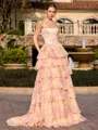 A-line Straight Cascading Ruffles Sweep Train Corset Prom Dress