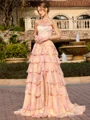 A-line Straight Cascading Ruffles Sweep Train Corset Prom Dress