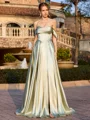 A-line Off-the-Shoulder Pleated Sweep Train Silk Like Satin Prom Dress