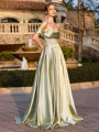 A-line Off-the-Shoulder Pleated Sweep Train Silk Like Satin Prom Dress