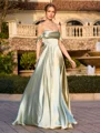A-line Off-the-Shoulder Pleated Sweep Train Silk Like Satin Prom Dress