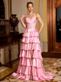 A-line Sweetheart Appliques Lace Sweep Train Silk Like Satin Corset Prom Dress
