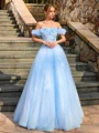 Ball-Gown Off-the-Shoulder Flower Floor-Length Tulle Corset Prom Dress