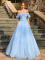 Ball-Gown Off-the-Shoulder Flower Floor-Length Tulle Corset Prom Dress