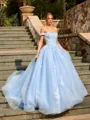 Ball-Gown Off-the-Shoulder Appliques Lace Sweep Train Tulle Corset Prom Dress