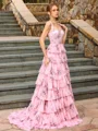 A-line Square Cascading Ruffles Sweep Train Corset Prom Dress