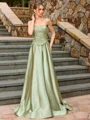 A-line Straight Sequin Floor-Length Silk Like Satin Corset Prom Dress