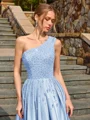 A-line One-Shoulder Beading Floor-Length Charmeuse Corset Prom Dress