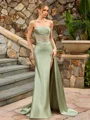 Sheath Straight Appliques Lace Sweep Train Silk Like Satin Corset Prom Dress