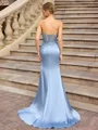 Sheath V-neck Appliques Lace Sweep Train Silk Like Satin Corset Prom Dress