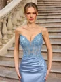 Sheath V-neck Appliques Lace Sweep Train Silk Like Satin Corset Prom Dress