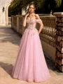 A-line Off-the-Shoulder Appliques Lace Floor-Length Tulle Corset Prom Dress