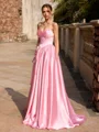 A-line Straight Rhinestone Sweep Train Silk Like Satin Corset Prom Dress