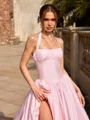 A-line Halter Pleated Floor-Length Taffeta Corset Prom Dress