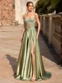 A-line Spaghetti Straps Appliques Lace Sweep Train Silk Like Satin Corset Prom Dress