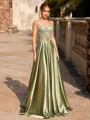 A-line Spaghetti Straps Appliques Lace Sweep Train Silk Like Satin Corset Prom Dress