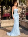 Sheath Straight Appliques Lace Sweep Train Tulle Corset Prom Dress