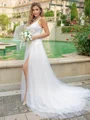 A-line/Princess Lace V-neck Sleeveless Sweep Train Wedding Dress