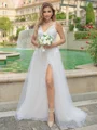 A-line/Princess Lace V-neck Sleeveless Sweep Train Wedding Dress