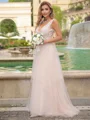 A-line/Princess Tulle V-neck Sleeveless Sweep Train Wedding Dress