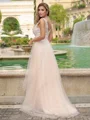 A-line/Princess Tulle V-neck Sleeveless Sweep Train Wedding Dress