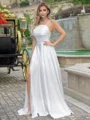 A-line/Princess Satin Spaghetti Straps Sleeveless Sweep Train Wedding Dress
