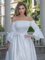 A-line/Princess Charmeuse Off-the-Shoulder 3/4 Sleeves Sweep Train Wedding Dress
