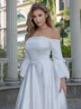A-line/Princess Charmeuse Off-the-Shoulder 3/4 Sleeves Sweep Train Wedding Dress
