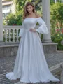 A-line/Princess Charmeuse Off-the-Shoulder 3/4 Sleeves Sweep Train Wedding Dress