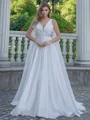 A-line/Princess Satin V-neck Sleeveless Sweep Train Wedding Dress