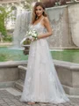 A-line/Princess Lace V-neck Sleeveless Sweep Train Wedding Dress