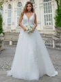 A-line/Princess Tulle V-neck Sleeveless Sweep Train Wedding Dress