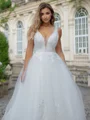 A-line/Princess Tulle V-neck Sleeveless Sweep Train Wedding Dress