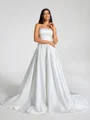 A-line Straight Pleated Chapel Train Satin Wedding Dress