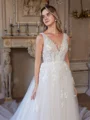 A-Line/Princess Tulle Applique V-neck Sleeveless Cathedral Train Wedding Dresses