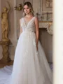 A-Line/Princess Tulle Applique V-neck Sleeveless Cathedral Train Wedding Dresses