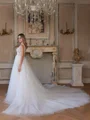 A-Line/Princess Tulle Applique V-neck Sleeveless Cathedral Train Wedding Dresses