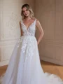 A-Line/Princess Tulle Applique V-neck Sleeveless Chapel Train Wedding Dresses