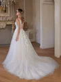 A-Line/Princess Tulle Applique V-neck Sleeveless Chapel Train Wedding Dresses