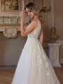 A-Line/Princess Tulle Applique V-neck Sleeveless Chapel Train Wedding Dresses