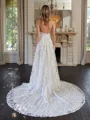 A-Line/Princess Lace V-neck Sleeveless Chapel Train Wedding Dresses