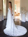 A-Line/Princess Lace V-neck Sleeveless Chapel Train Wedding Dresses