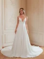 A-Line/Princess Stretch Crepe Lace V-neck Sleeveless Cathedral Train Wedding Dresses
