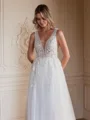 A-Line/Princess Tulle Applique V-neck Sleeveless Sweep/Brush Train Wedding Dresses