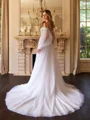 A-Line/Princess Tulle Applique Off-the-Shoulder Long Sleeves Chapel Train Wedding Dresses