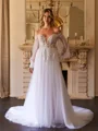 A-Line/Princess Tulle Applique Off-the-Shoulder Long Sleeves Chapel Train Wedding Dresses