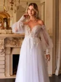 A-Line/Princess Tulle Applique Off-the-Shoulder Long Sleeves Chapel Train Wedding Dresses