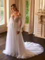 A-Line/Princess Tulle Applique Off-the-Shoulder Long Sleeves Chapel Train Wedding Dresses