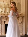 A-Line/Princess Tulle Applique Off-the-Shoulder Long Sleeves Chapel Train Wedding Dresses