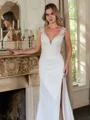Sheath/Column Charmeuse Lace V-neck Sleeveless Sweep/Brush Train Wedding Dresses